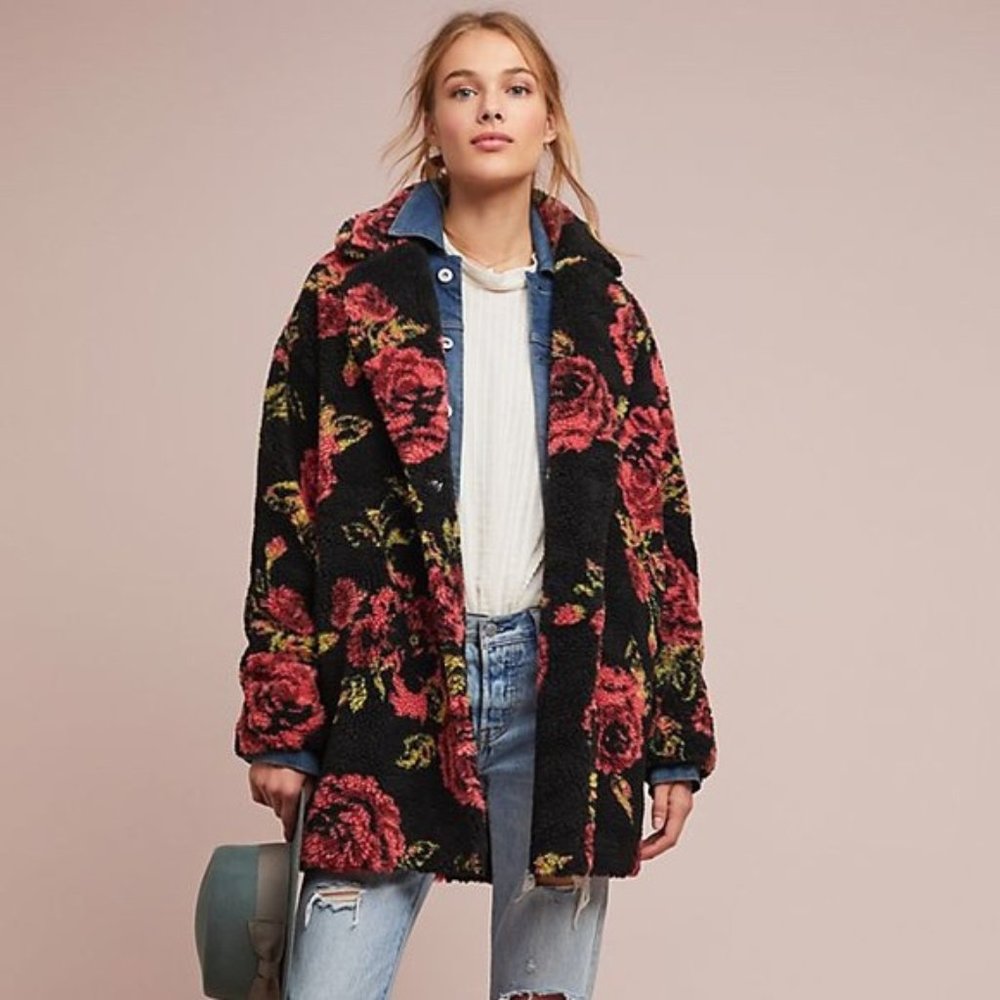 Anthropologie If By Sea Winter Roses Coat Petite